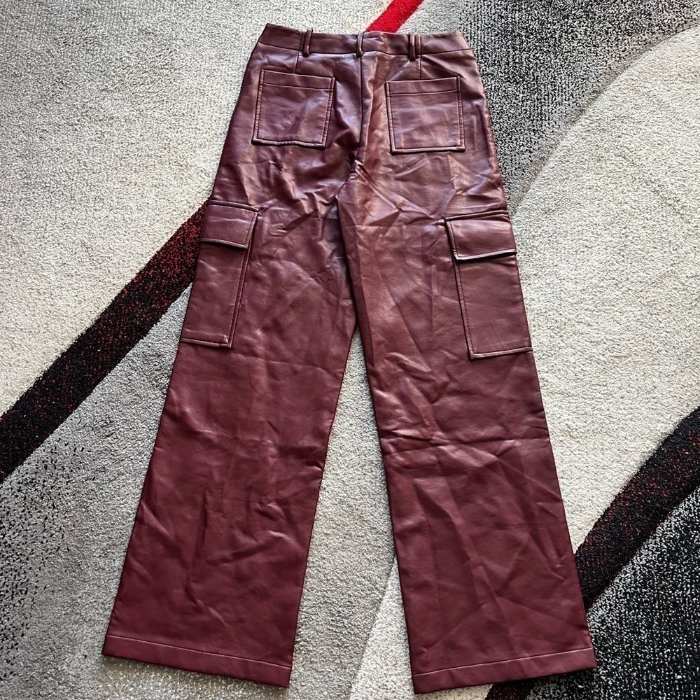 Wayf Faux Leather Burgundy Cargo Wide Leg Pants - Picture 5 of 5